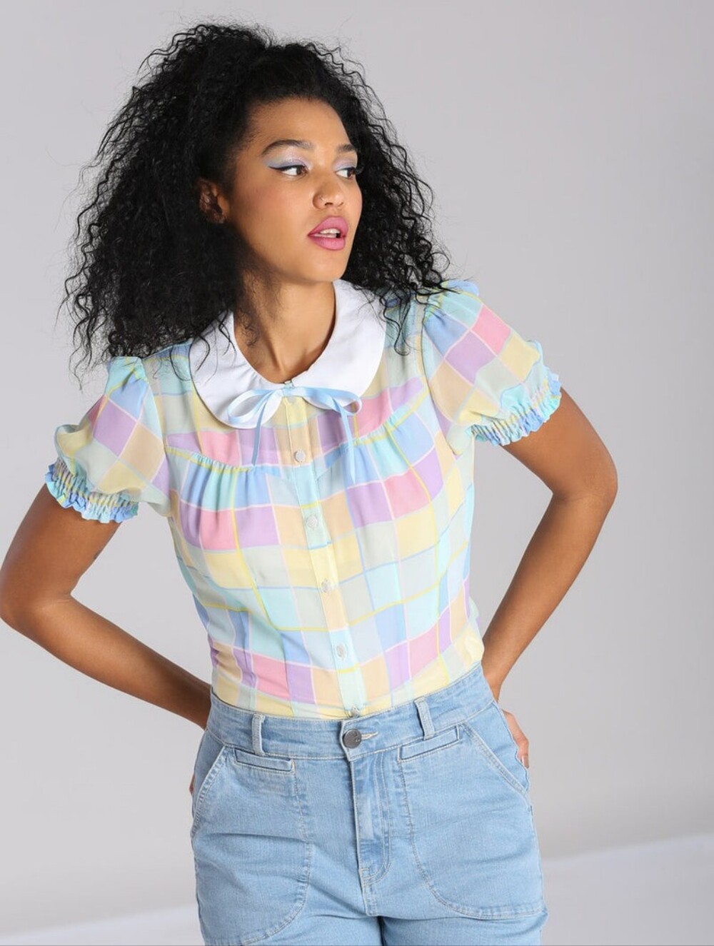 Hell Bunny Pastel Plaid Peter Pan Collar Blouse XS UK 8